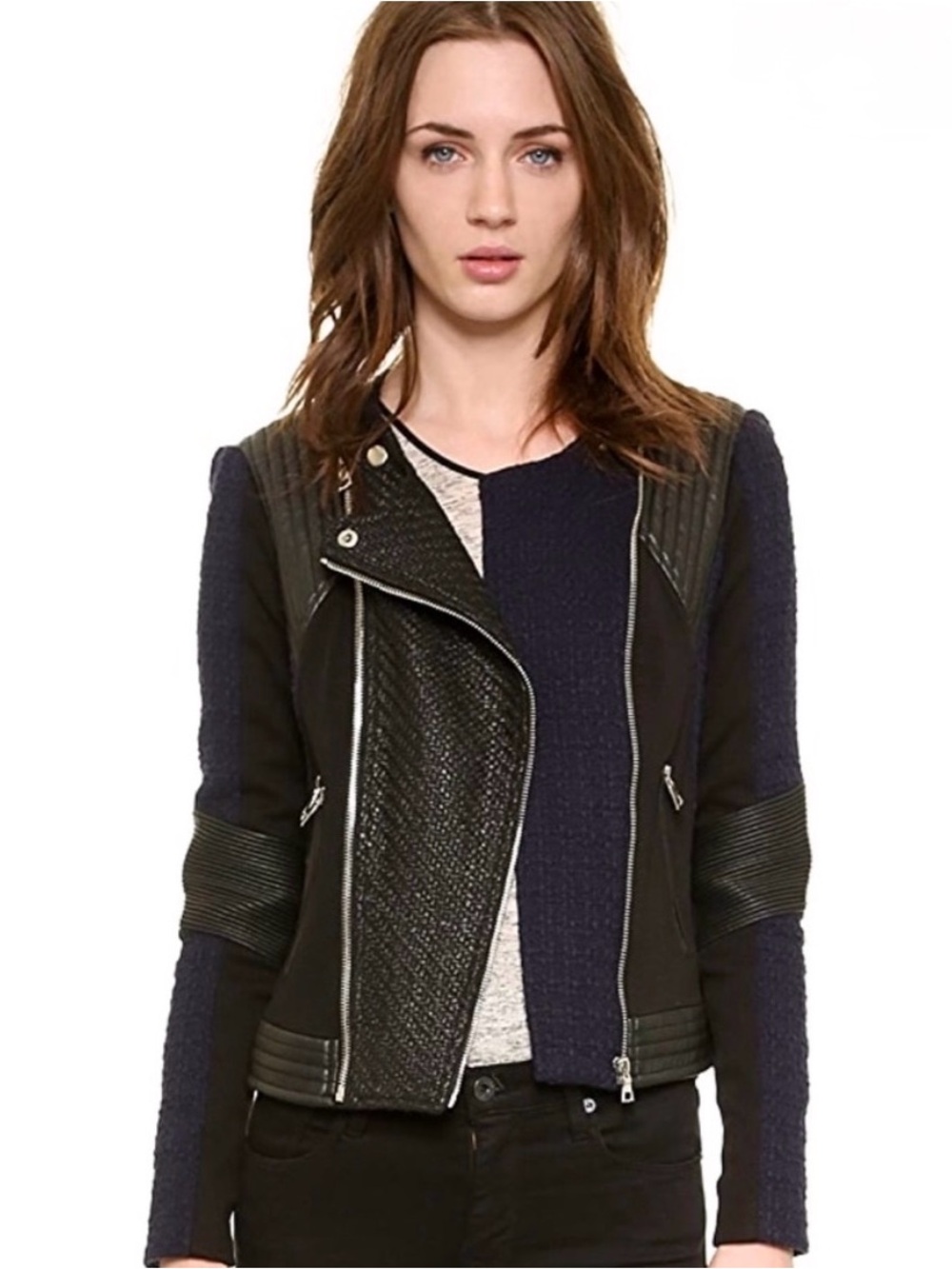 Rebecca Taylor Designer Moto Jacket Biker Motorcycle Navy Tweed Black Leather